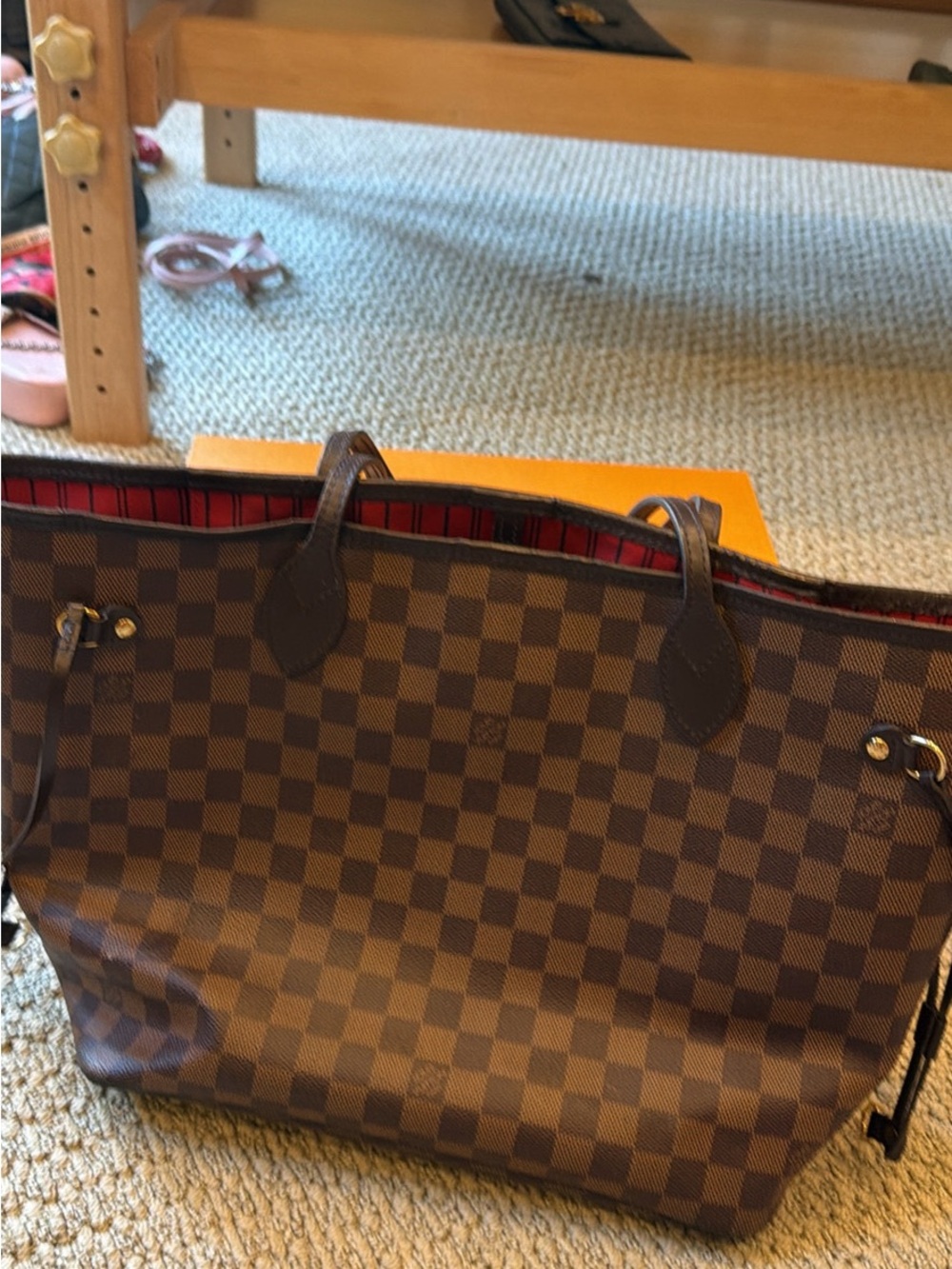 Louis Vuitton Brown Checkered Tote with Red Lined Interior